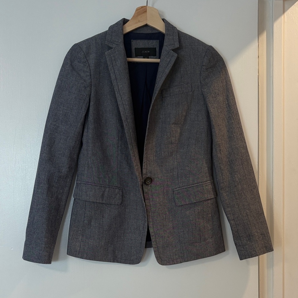 J. Crew Women’s Blazer 100% Cotton Structured Chambray Like Material Grey Blue